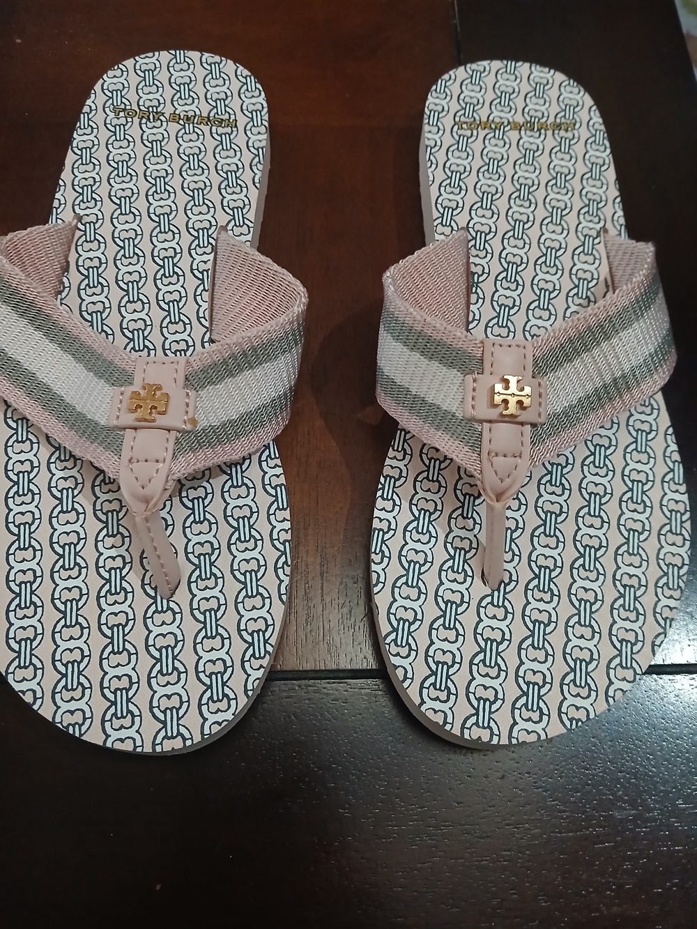 Tory Burch Pink and Gray Stripe Gimini Link Signature Logo Thong Sandals Size 6